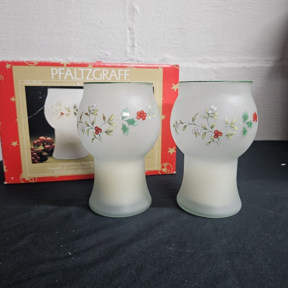 Pfaltzgraff Frosted Glass Candle Holders with Red and Green Accents